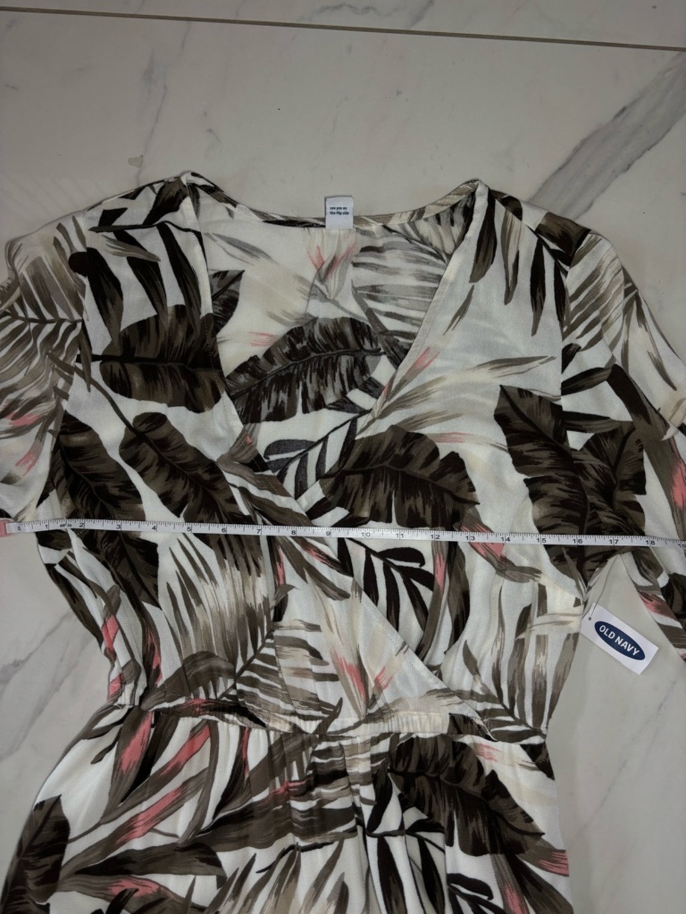 Old Navy White Tropical-Print Long Sleeve Wrap Dress with Brown and Pink Accents - Picture 12 of 16